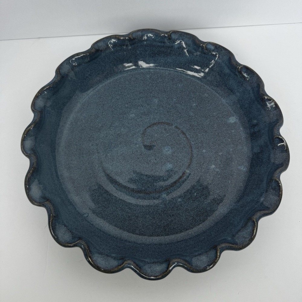 Signed TR LLC Studio Art Pottery Ruffled Edge Blue Drip Glazed Pie Plate